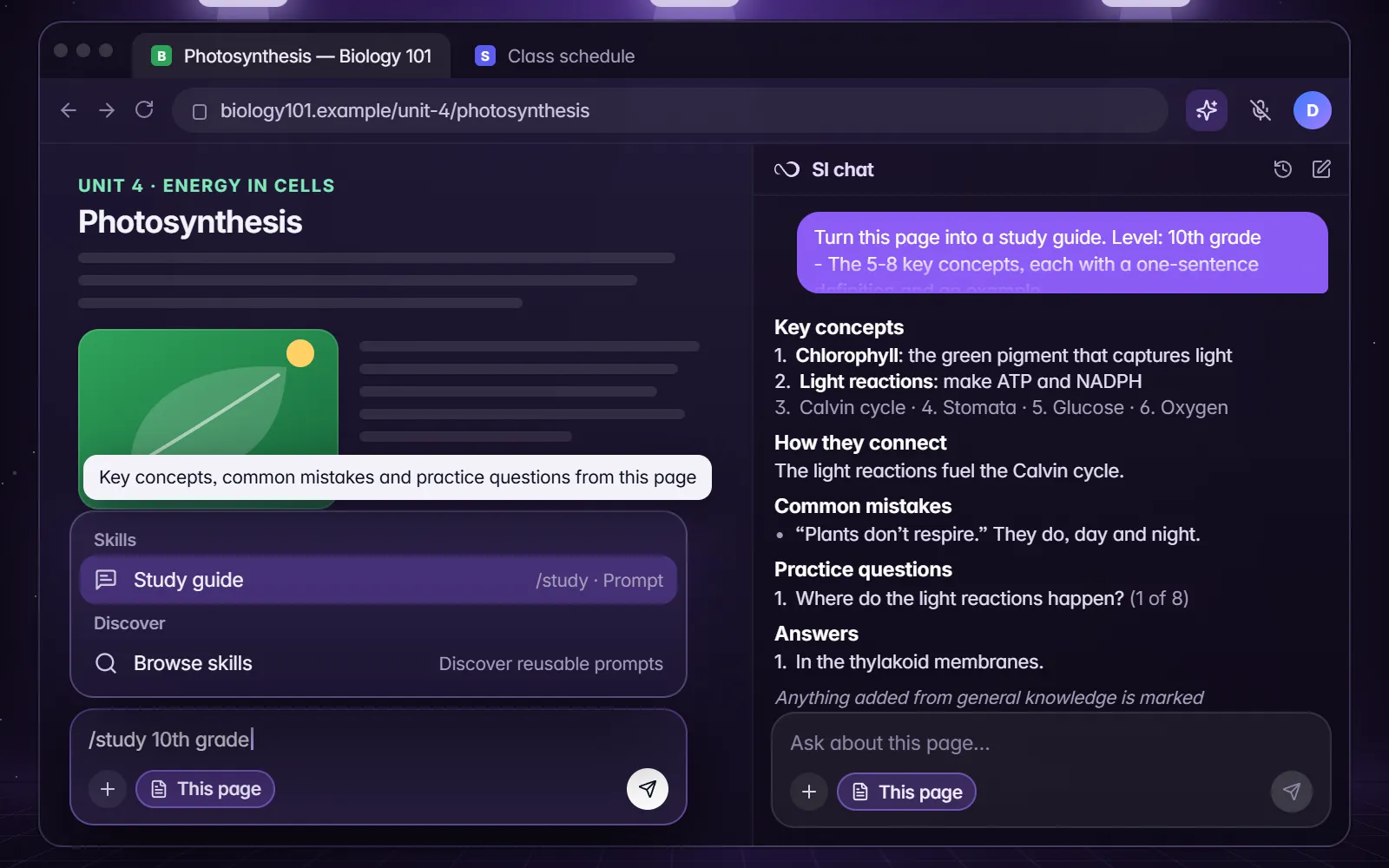 The SI chat turning a biology page into a study guide: key concepts, common mistakes and practice questions with the answers at the end.