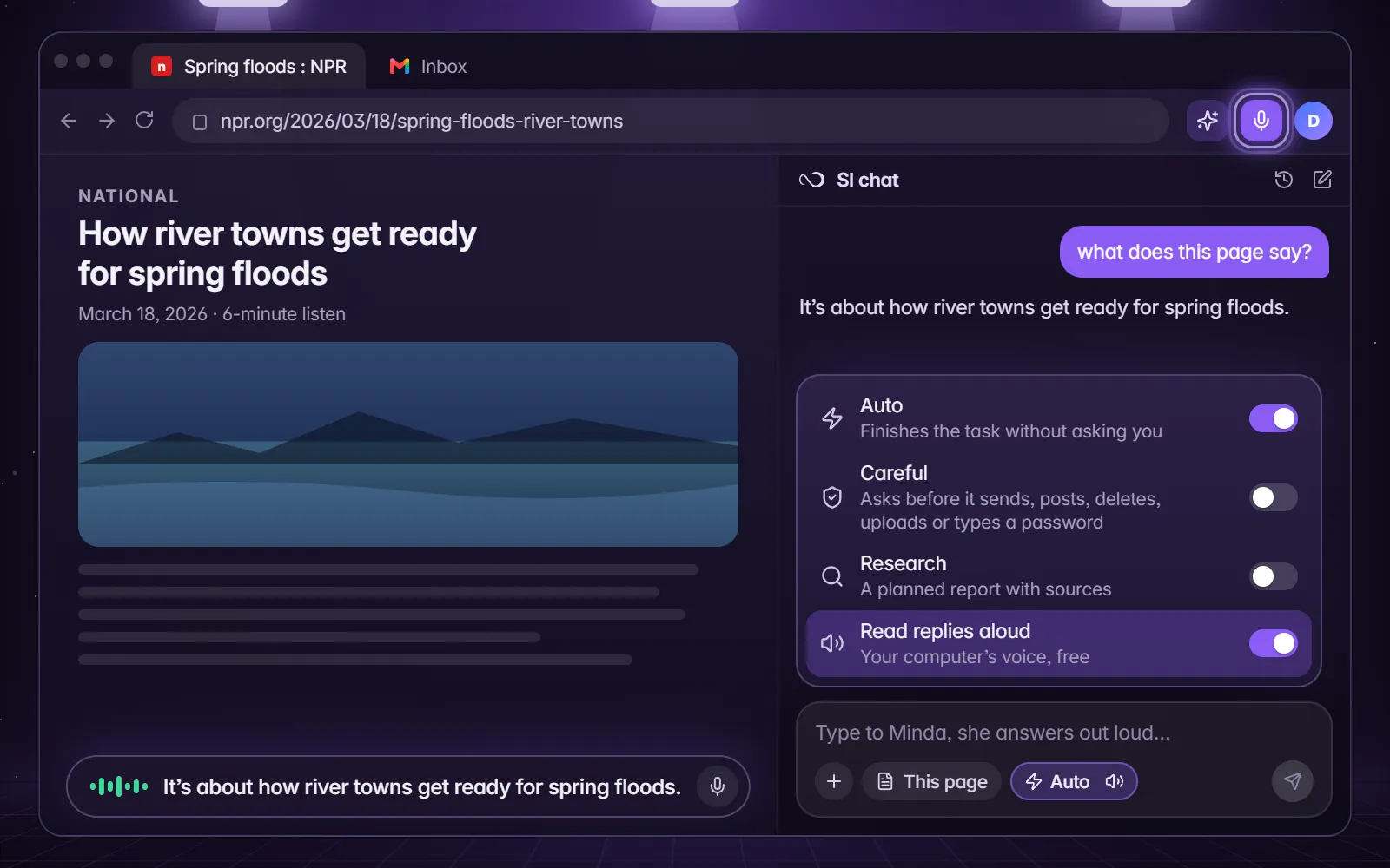The voice pill at the bottom of the page showing Minda's spoken answer, your words in the chat, and Read replies aloud switched on in the Modes menu.