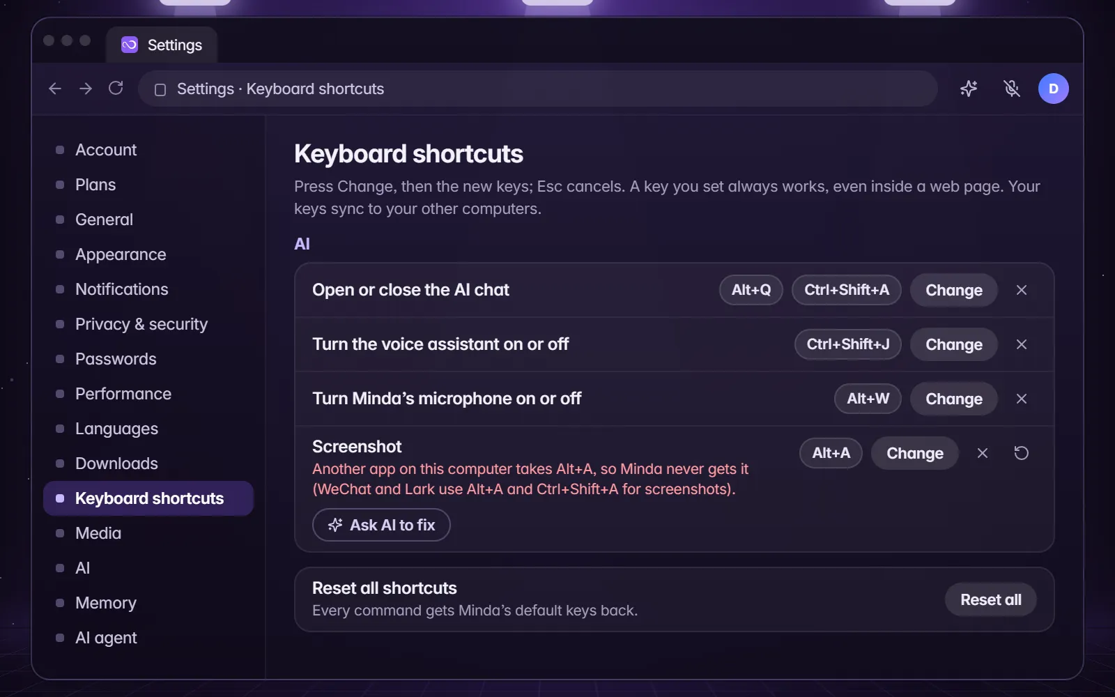 Settings, Keyboard shortcuts: Alt+Q opens the AI chat and Alt+W turns Minda's microphone on or off, each with a Change button.