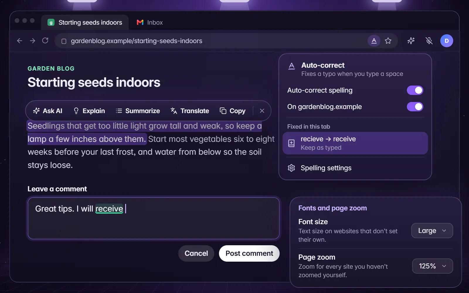 Larger text with Font size and Page zoom in Settings, the selection menu's Explain and Summarize, and a misspelled word fixed as you type.