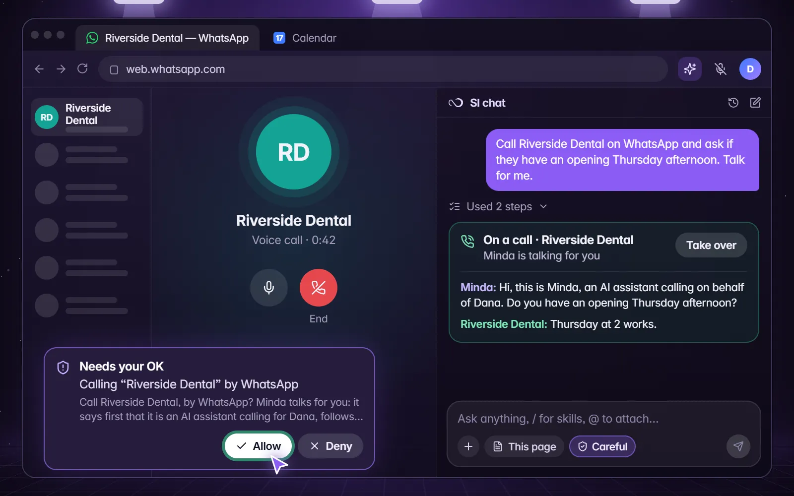 Minda talking on a WhatsApp call for you: it says it is an AI, the other person answers, and a card lets you take over.