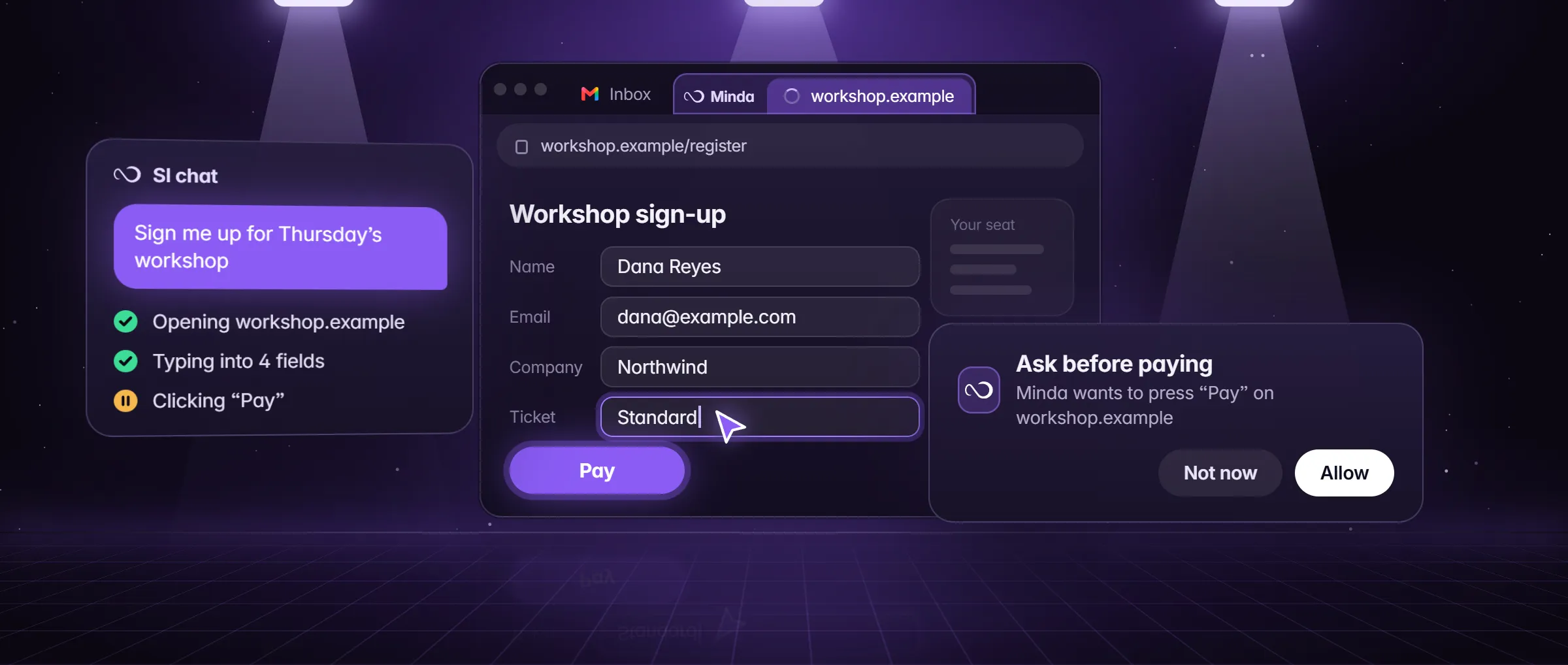 The AI agent in Minda filling in a sign-up form from a chat request, then stopping at an Ask before paying card