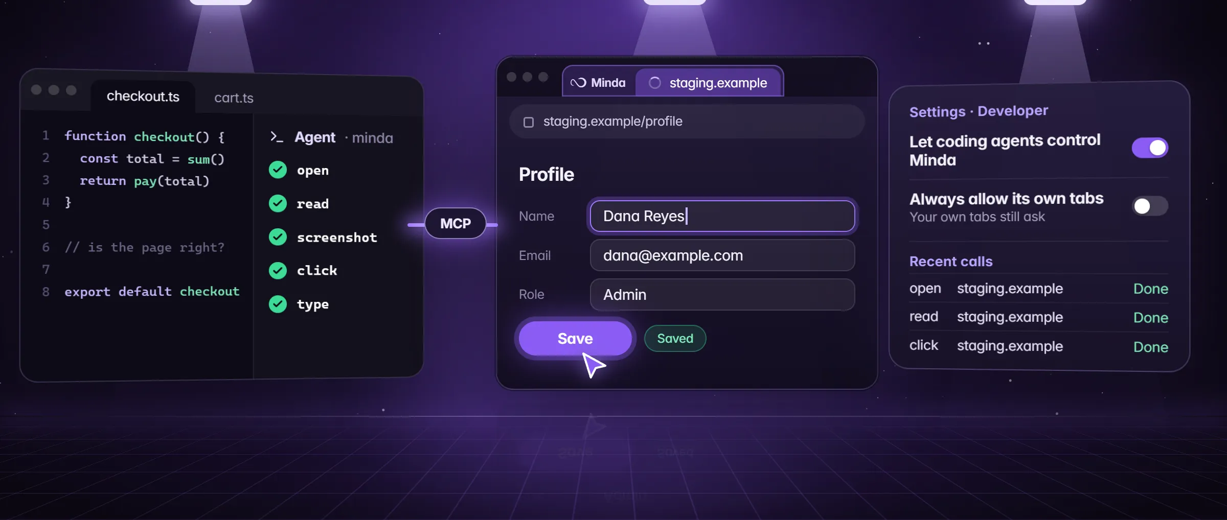 A coding agent driving a Minda window over MCP with open, read, click and type, beside the Developer settings