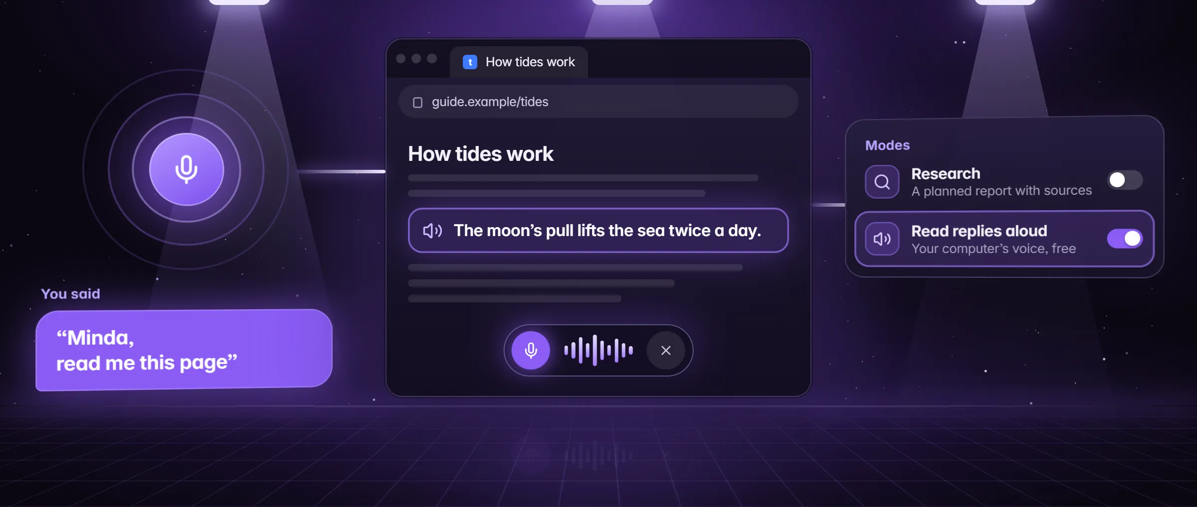 A spoken request written out, Minda reading a page aloud, and the Read replies aloud switch in the Modes menu