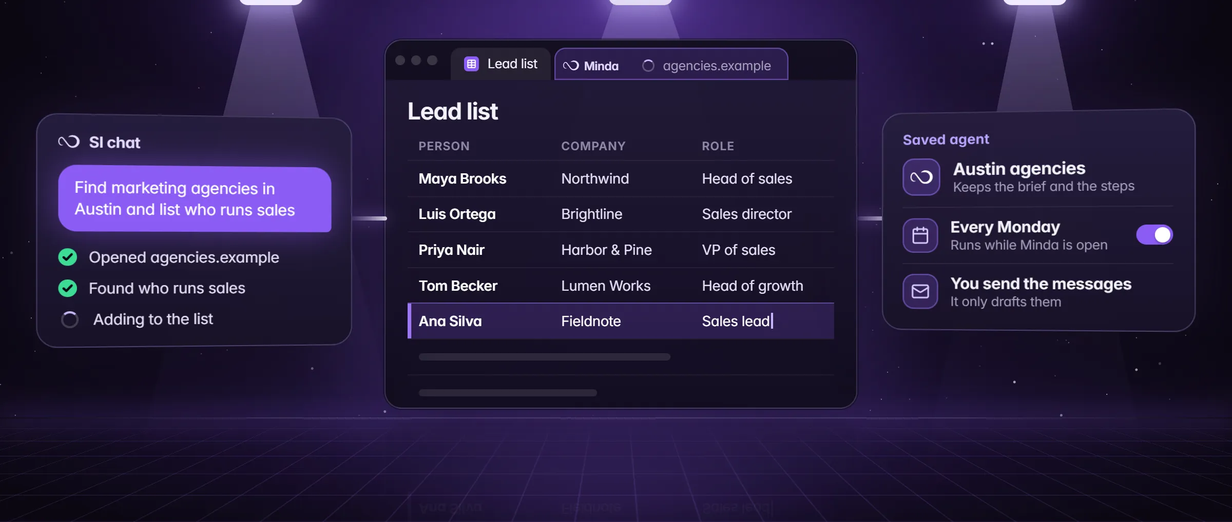 The AI agent building a lead list of agencies row by row, beside a saved agent that runs every Monday