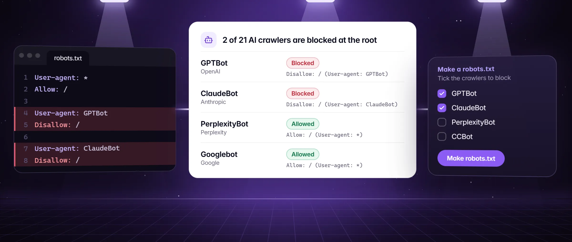 A robots.txt that blocks two AI crawlers, and a table marking each crawler Allowed or Blocked with the line that decided it