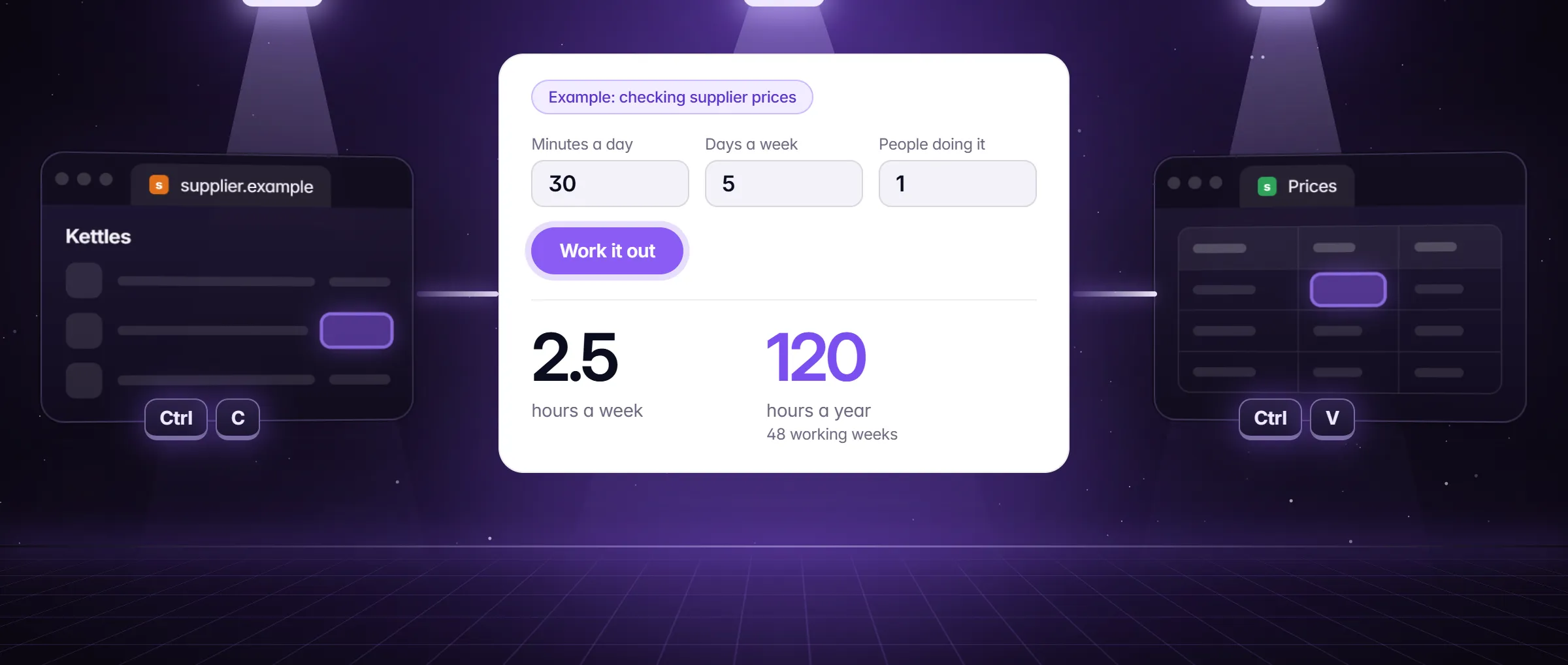A calculator turning 30 minutes a day of copy and paste into 2.5 hours a week and 120 hours a year