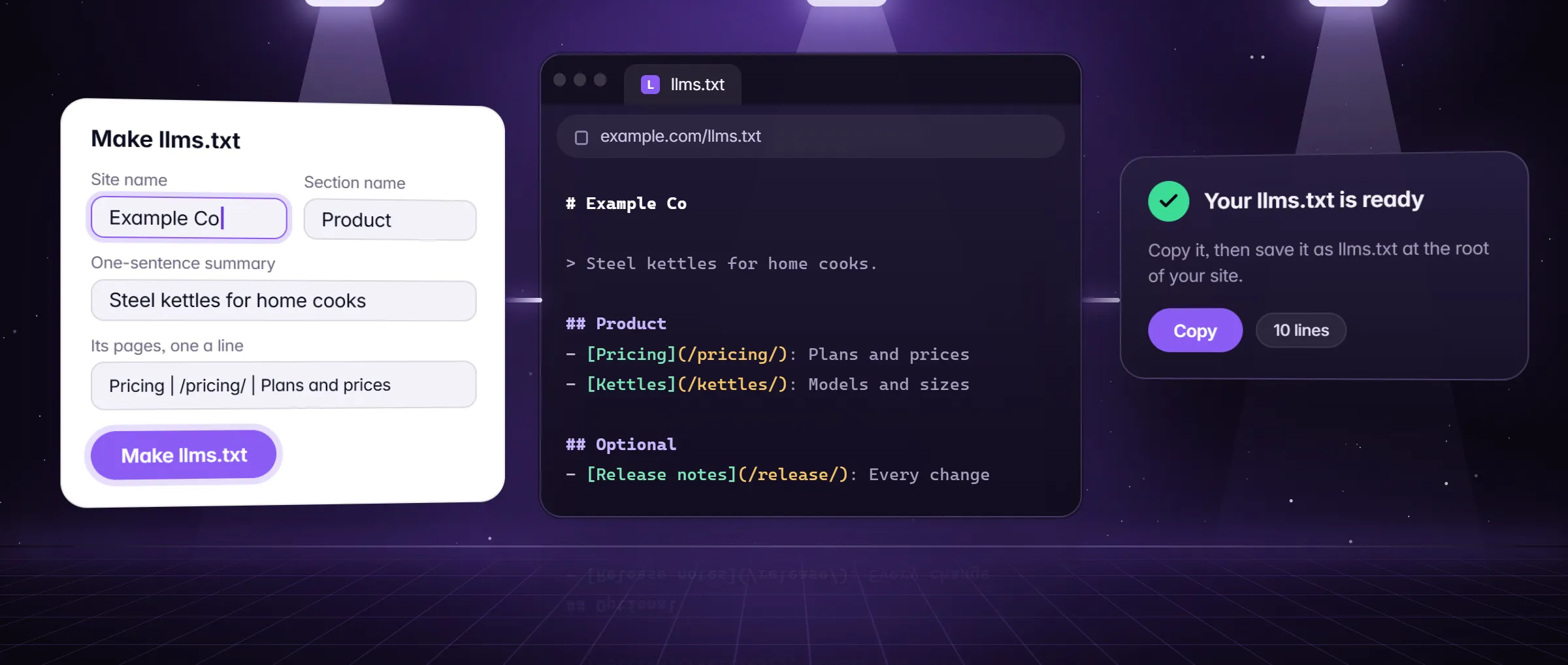 A form for a site name, summary and pages turned into an llms.txt file, ready to copy